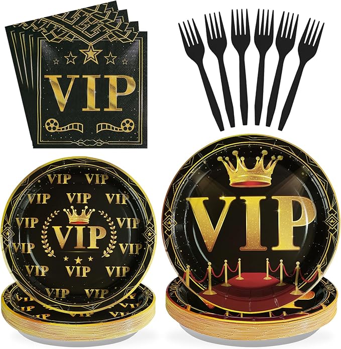 96 Pcs VIP Party Decoration Tableware 350 GSM Disposable Movie Night Red Carpet Plates and Napkins Party Supplies for Film Show Star VIP Celebrity Event Prom Red Carpet Runner for Party Serves 24