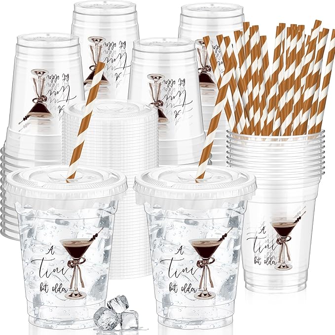 Domensi 50 Pcs Martini Birthday Party Plastic Cup 12 oz a Tini Bit Older Espresso Martini Thick Clear Cup Cocktail Coffee Mugs for Bar Birthday Table Decorations Party Favor Gift