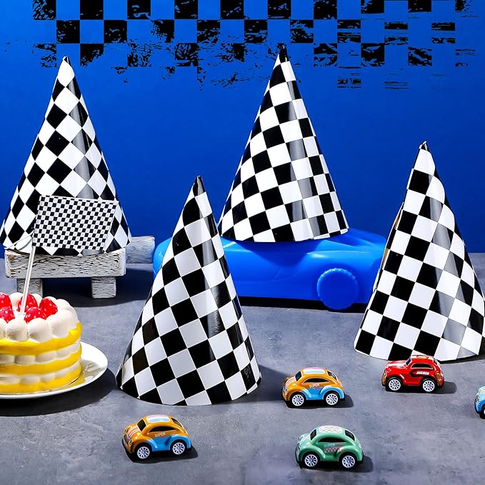 Teling 30 Pieces Birthday Party Hats Car/Cow Themed Paper Cone Hat Birthday Party Supplies Decorations for Kids (Race Car)