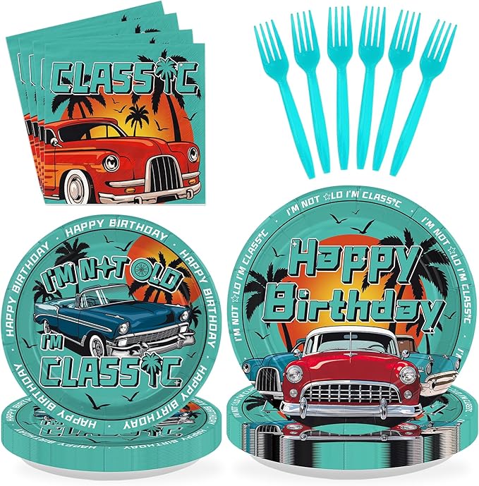 96Pcs Classic Car Birthday Decorations Red Blue Green Vintage Car Plates and Napkins I am Not Old I am Classic Decorations Favors for Men Birthday Retro Cars Theme Party Supplies Serves 24
