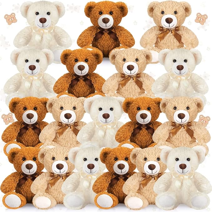 Zhanmai 18 Pcs 14 Inch Bears Stuffed Animal Bulk Gifts Plush Bear Toys for Birthday Baby Shower Graduation Party Favor(Light Brown, Dark Brown, White)