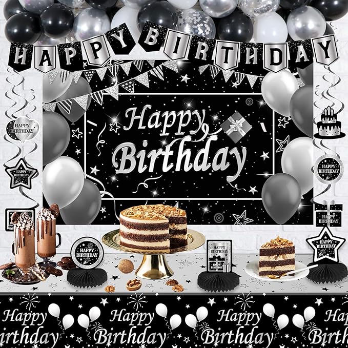 Black and Silver Birthday Decorations, BIack Birthday Decoretions for Men Women Boys Girls with Black Happy Birthday Banner Tablecloth Backdrop Balloons Arch Garland Kit Decorations Party Supplies