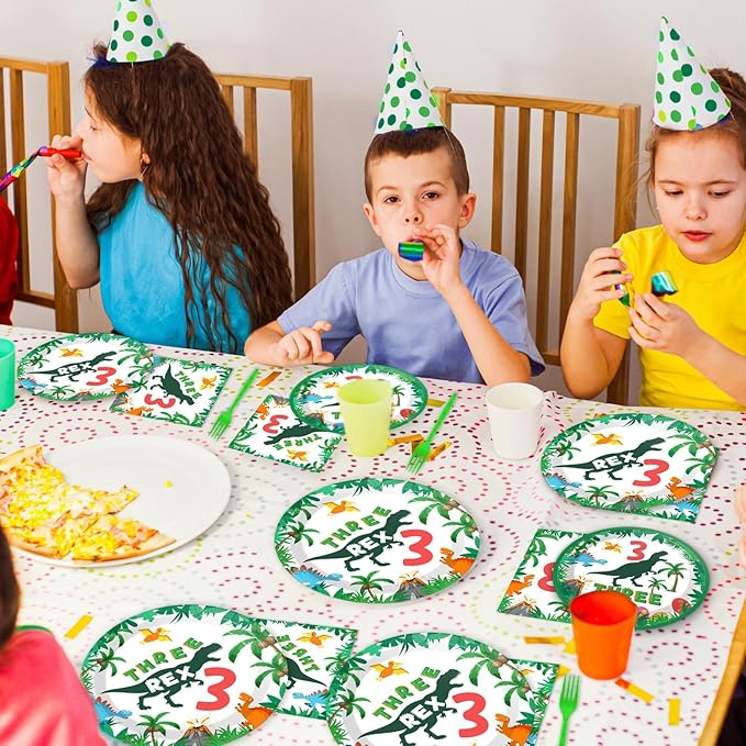 96 Pieces Dinosaur 3rd Birthday Supplies for 3 Rex Birthday Tableware Set 3 T-Rex Dinner Disposable Plates 3 Year Old Party Plates Napkins Forks For Boys Kids Three Dino-Rex Party Favor 24 Guests