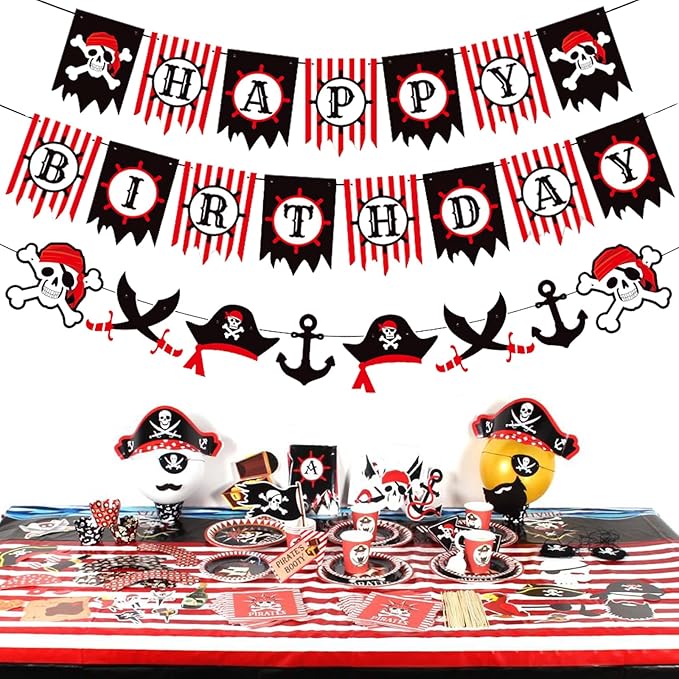 Zwiebeco Red Black White Pirate Happy Birthday Banner Bunting Garland Sign for Boys Girls Kids Teenagers Mens Womens Adults Sea Rover Themed Party Decorations Supplies