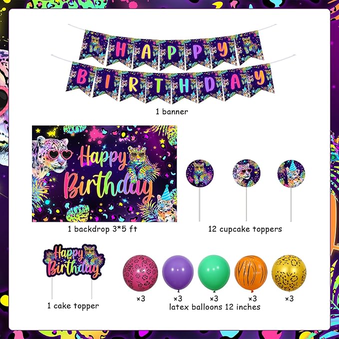 Cheereveal Rainbow Cheetah Birthday Decorations for Boys Girls - Leopard Print Happy Birthday Backdrop, Cheetah Wild Cake Cupcake Toppers, Jungle Safari Animal Theme Party Supplies