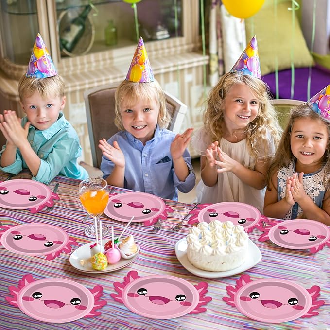 60Pcs Pink Axolotl Shaped Birthday Party Decorations Reptile Animals 7 Inch Dessert Plates Plates Cartoon Dinner Disposable Tableware Set for Kids Girls Party Baby Shower Supplies Favors
