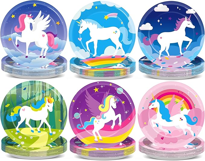 48Pcs Unicorn Birthday Party Supplies Unicorn Themed Paper Plates 7 Inch Tableware Colorful Rainbow Magical Horse Dessert Plates Party Decorations for Unicorns Parties Favors