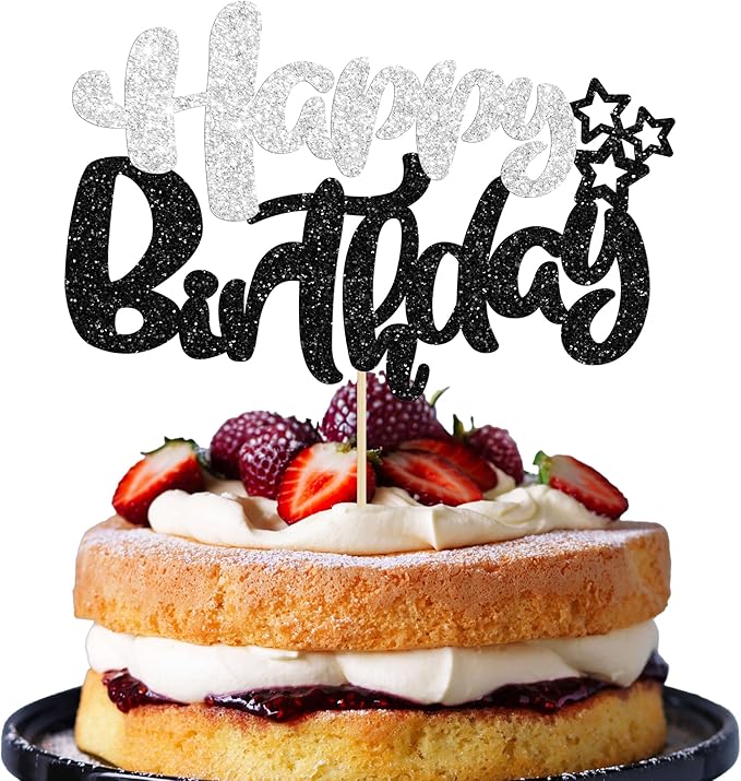 Ephlyn 1Pcs Happy Birthday Cake Topper Glitter Cake Pick for Celebrating Anniversary Theme Party Cake Decorations Supplies Black and Silver