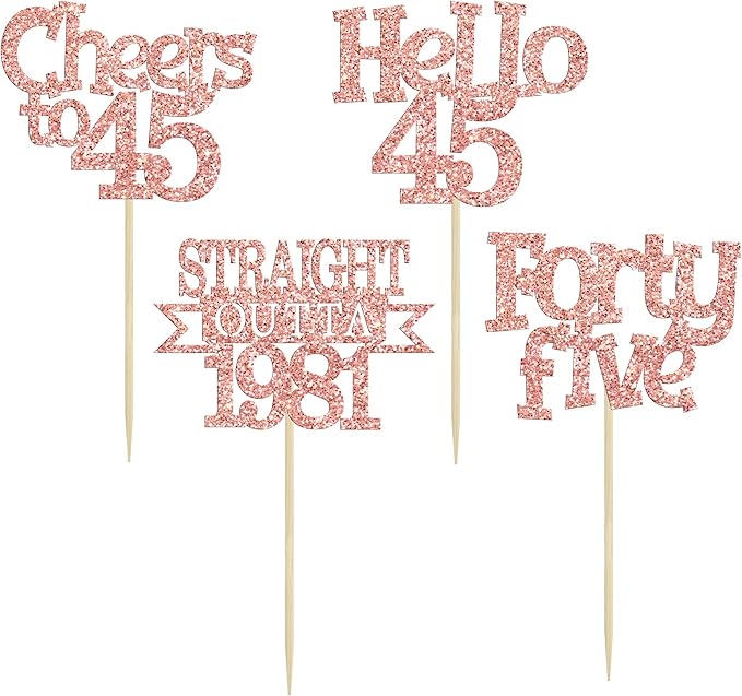 Ephlyn 24Pcs 45th Birthday Cupcake Toppers Glitter Straight Outta 1981 Cupcake Picks Hello 45 Cheers to 45 Years Cake Decorations for 45th Birthday Anniversary Party Decorations Supplies Rose Gold