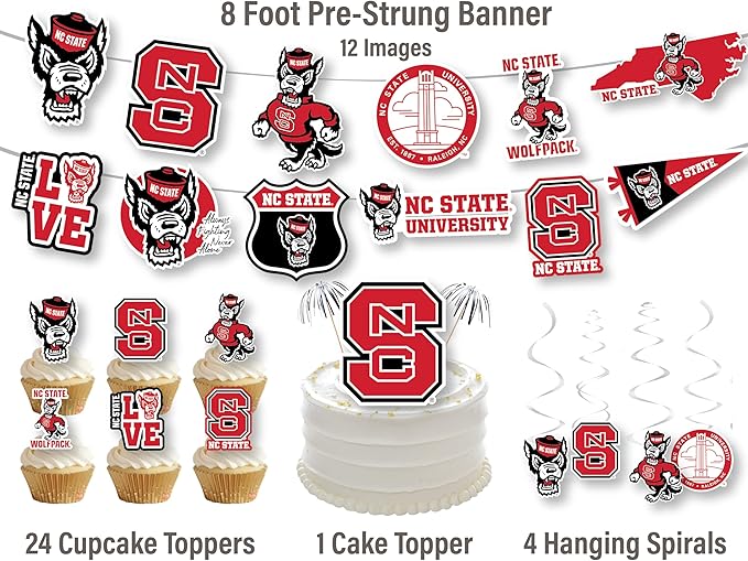 NC State Party Supplies for Football, Birthday Gift, North Carolina Graduation Party Banner and Cake Toppers (42 Pieces) (NC State Wolfpack)