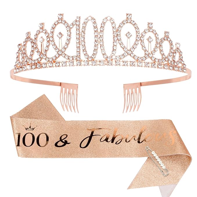 CIEHER 100th Birthday Crown + Sash + Pearl Pin Set, Fabulous 100th Birthday Gifts for Women, Happy Birthday Party Supplies