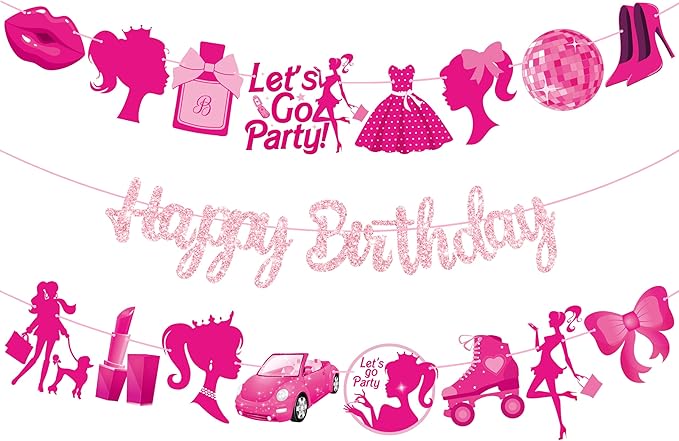 3Pcs Hot Pink Girl Happy Birthday Banners Glitter Hot Pink Princess Birthday Party Decorations for Girls Doll Theme Baby Shower Ladies Bachelorette Party Supplies