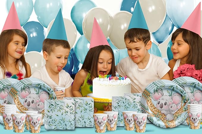 Koala Birthday Party Supplies - Koala Bear Baby Shower - 1st Birthday Party | Tableware Set Includes Plates, Napkins and Cups | Kit for 16