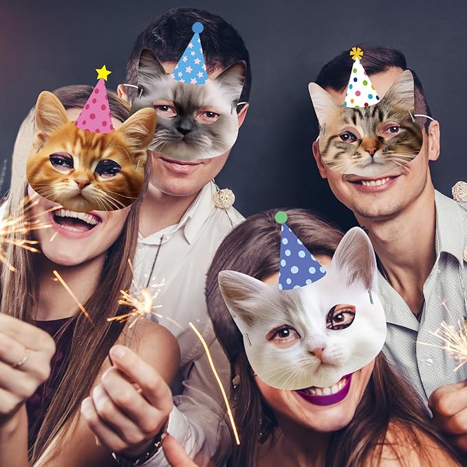 CHUNNIN 12 Pieces Cat Birthday Party Decoration Masks Cat Favors Kitten Party Kitten Decoration Masks Facial Cats Theme Cats Supplies for Birthday Dress Up & Pretend Play Supplies