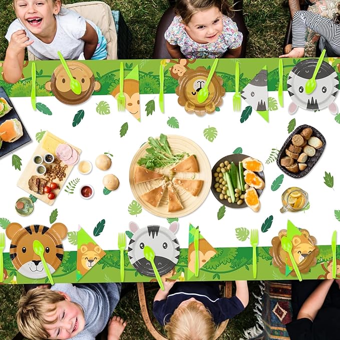 162Pcs Jungle Party Supplies- Include Animal Shape Plates, Jungle Tablecloth, Safari Flag, Napkins, Cups, Cutlery, Safari Theme Party Supplies for Kids Birthday Baby Shower Wild One, Serves 20 Guests