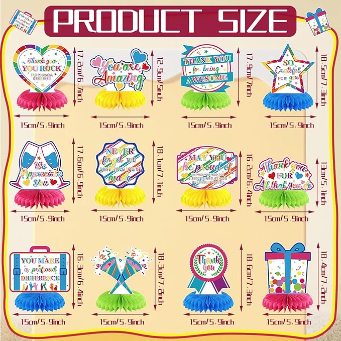 12 Pcs Thank You Decorations Honeycomb Centerpiece Employee Appreciation Decor We Appreciate You Table Decorations Thank Table Topper for Doctor Employee Party Supplies(Colorful)