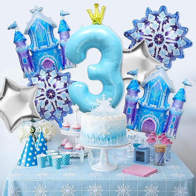 7Pcs 3rd Birthday Party Decorations Balloons,Winter Snowflake Balloons Large Blue 40 Inch Number 3 Balloon Foil Star Castle Ballon for Birthday Party Favor Decor Supplies Winter Wonderland Decoration