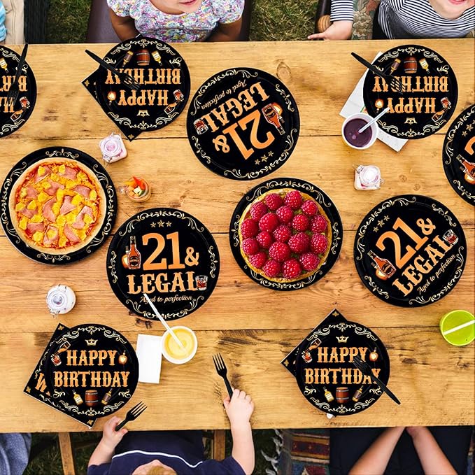 96Pcs 21 & Legal 21st Birthday Decorations Legal Whiskey Themed Birthday Party Plates Whiskey Aged To Perfection Tableware Set for Boys Men 21 Years Old Party Favors Serves 24