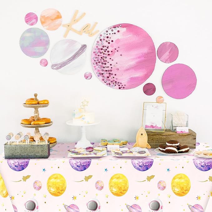 Pink Watercolor Table Cover - 3-Pack 54 X 108 Inch Pink Watercolor Outer Space Disposable Plastic Rectangle Print Table Cloth Baby Shower Kids Birthday Party Tablecloths Decoration Supplies