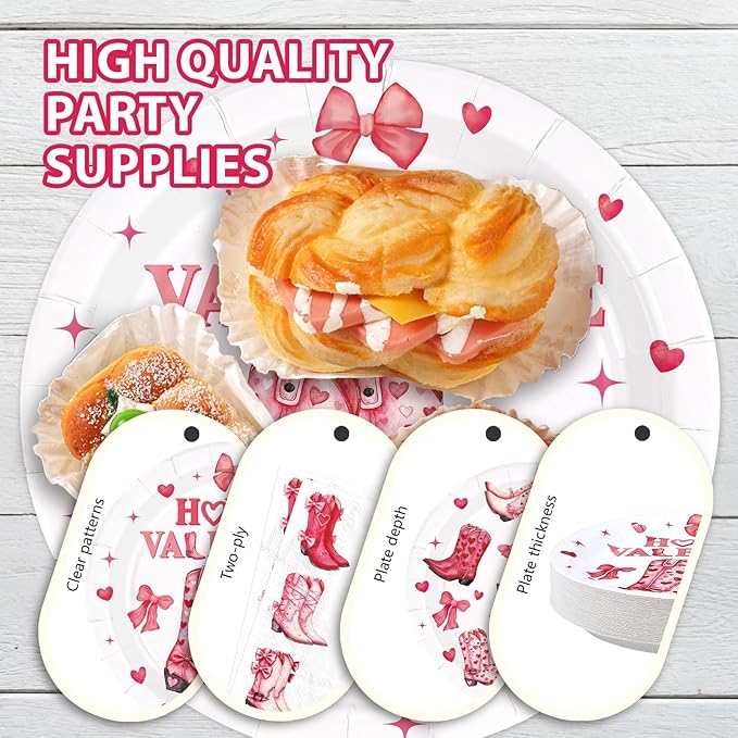 200Pcs Valentine's Day Party Decorations Boots and Bows Plates and Napkins Pink Western Cowgirl Tableware Sets for Valentines Birthday Bachelorette Party Supplies Serves 50