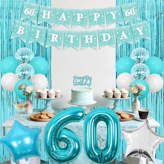 Funmemoir Teal 60th Birthday Decorations for Women - Happy 60th Birthday Banner Sash Tiara Foil Balloons Foil Fringe Backdrop and Cake Topper, Teal Blue 60 Years Old Party Supplies
