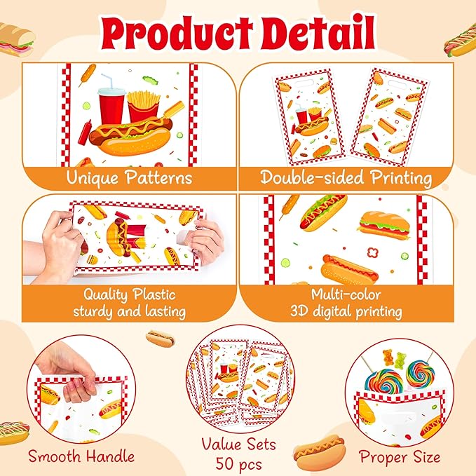 Hot Dog Party Favor Bag 50Pcs Hotdog Snacks Goody Candy Treat Gift Bag Delicious Food Themed Party Decoration for Kids Birthday Party BBQ Sausage Food Hotdog Celebrations Picnic Supplies