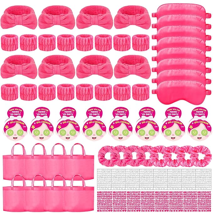 72 Pcs Spa Sleepover Party Supplies for Girls With DIY Stickers And Greeting Card Rose Red Headband Wristbands Eye Mask Hair Scrunchie Tote Bag Sleeping Slumber Party Favors