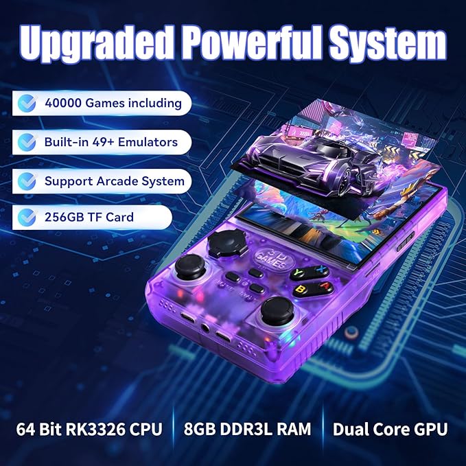 GWALSNTH V40 MAX Mini Retro Handheld Game Console, 40000 Games 256G TF Card, Built-in 49+ Emulators, 4.0 Inch 4K HD IPS Screen, 4000mAh Battery, Portable Pocket Video Console (Transparent Purple)