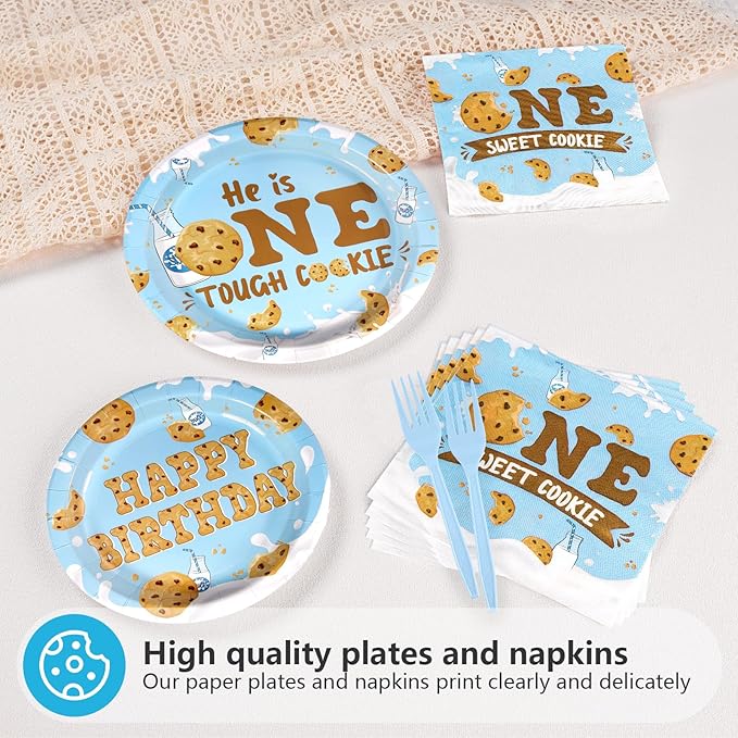 96Pcs Milk and Cookies 1st Birthday Decorations One Sweet Cookie Birthday Plates and Napkins Chocolate Chip Cookies and Milk Drinks Tableware Set for Boy One Year Old birthday Party Supplies Serves 24
