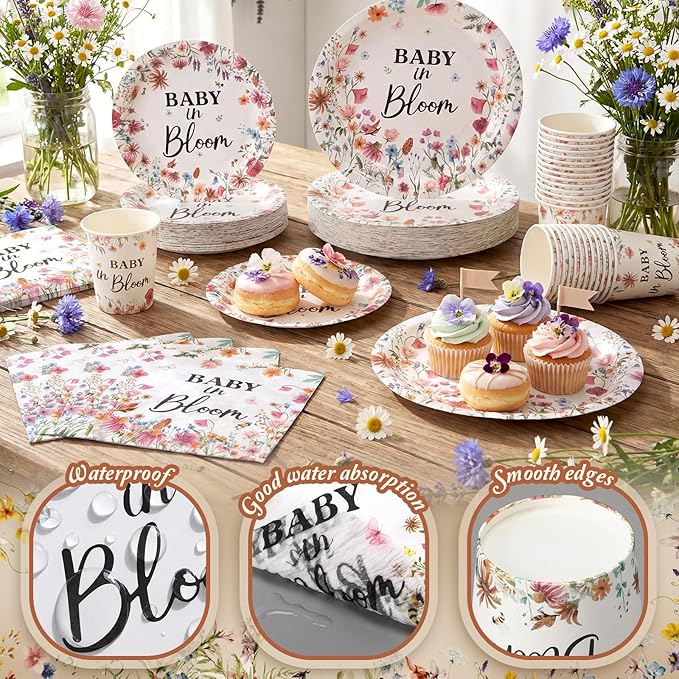 Hsei 250 Pcs Baby in Bloom Baby Shower Decorations Wildflower Plates and Napkins Set Floral Party Tableware Set for 50 Guests Floral Disposable Plates Napkins Cups for Birthday Babys Shower Party