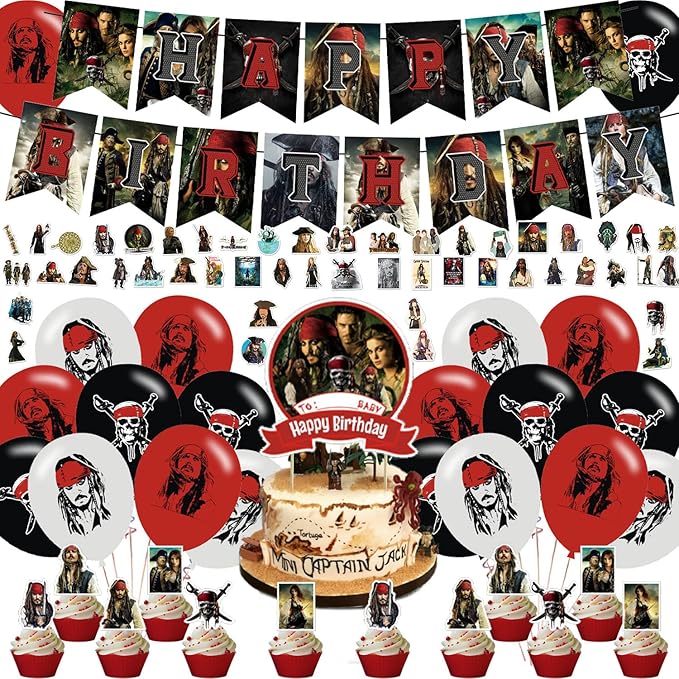 Pirates of the Caribbean Party Decorations,Birthday Party Supplies for Depp - Includes Banner, 12 Cake Toppers, 18 Balloons, 50 Stickers