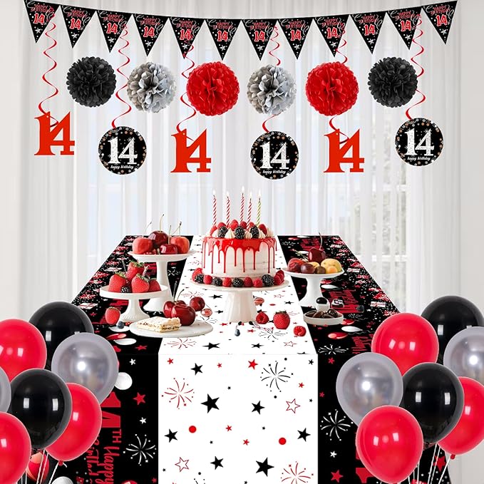 14th Birthday Decorations for Boys Girls, Red Black Happy 14 Birthday Party Decorations, 14th Birthday Backdrop Banner Tablecloth Triangle Flag Balloons, 14 Year Old Boy Bday Party Supplies Decor