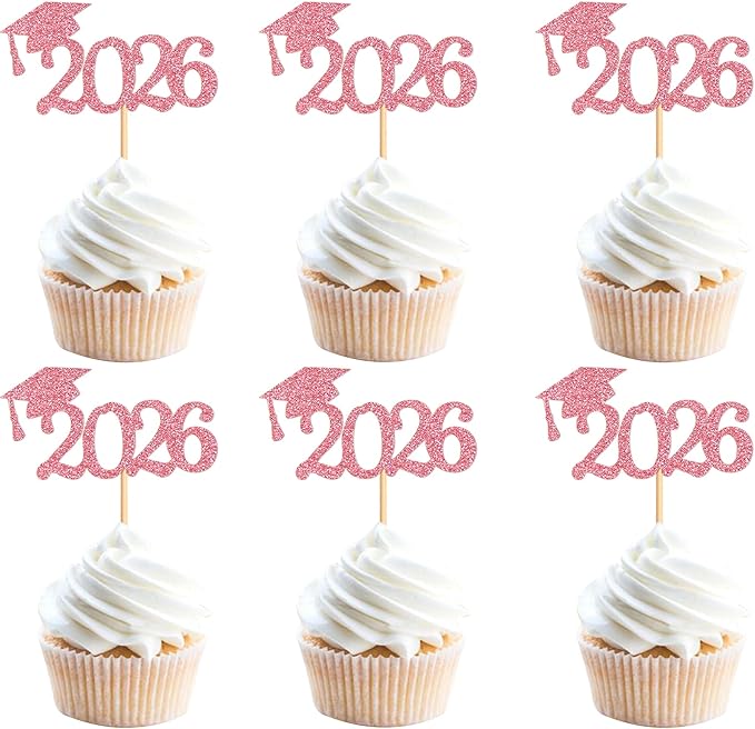 24 Pcs graduation cupcake toppers 2026, Food/Appetizer Picks For Graduation Party Mini Cake Decorations, 2026 Cupcake Toppers (Rose Red)