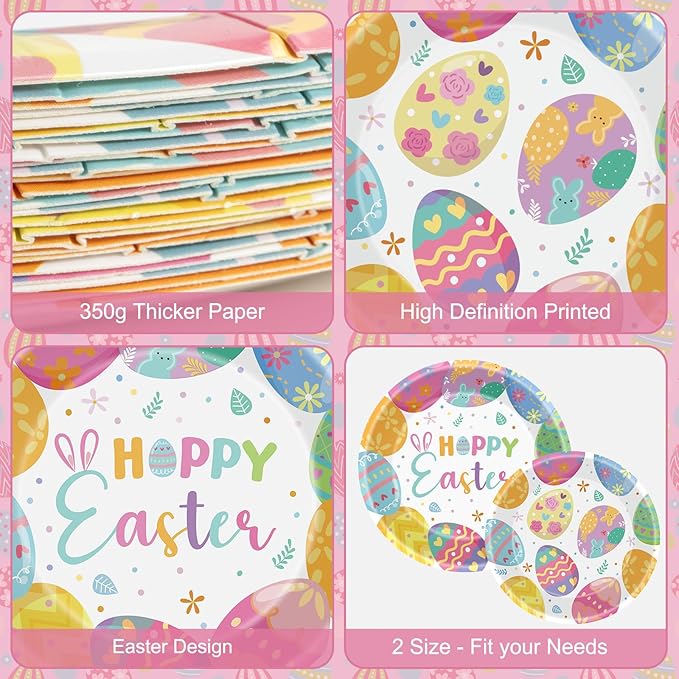 24 Pcs Happy Easter Paper Plates - Cute Round Spring Easter Plates, Colorful Eggs Dinner Dessert Plate Disposable Dinnerware Set for Spring Holiday Easters Party Table Decorations Supplies Favors