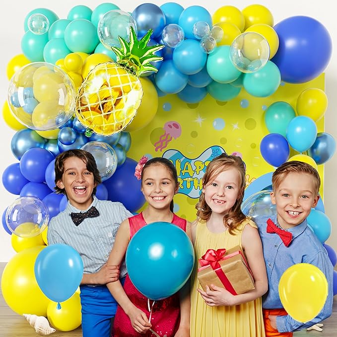 Cartoon Sponge Balloons Garland Arch Kit,Blue Yellow Balloons for Birthday Decorations,Pineapple Foil Balloon,Boys Girls Party Supplies