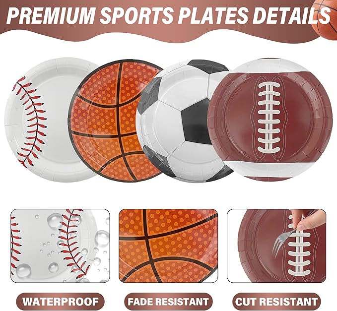 48PCS Sports Birthday Party Decorations 7" Sports Party Plates Disposable Sports Paper Plates Baseball Basketball Soccer Football Plates for Boys Adults Birthday Party Decorations