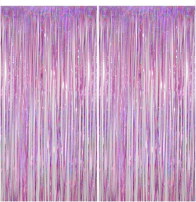 2 Pack Pink Foil Fringe Curtains, 3.3x6.6 Ft Metallic Tinsel Backdrop Party Decorations Door Pink Streamers for Birthday Wedding Engagement Decor,Photo Booth Props, Party Supplies