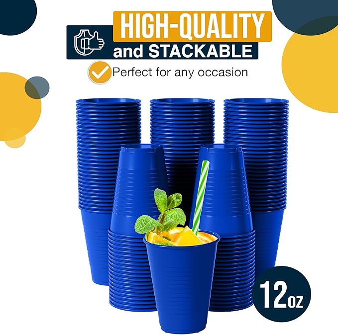 Party Solids 12 Oz Blue Plastic Cups For Party Supplies 50 Pack | Blue Disposable Cups Plastic | Disposable Drinkware For Parties, Events & Everyday
