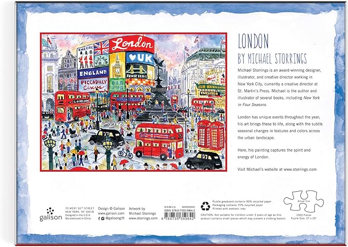 Galison Michael Storrings 1000 Piece London Jigsaw Puzzle for Adults – Illustrated Art Jigsaw Puzzle with Scene from The Streets of London – Fun Indoor Activity, Multicolor