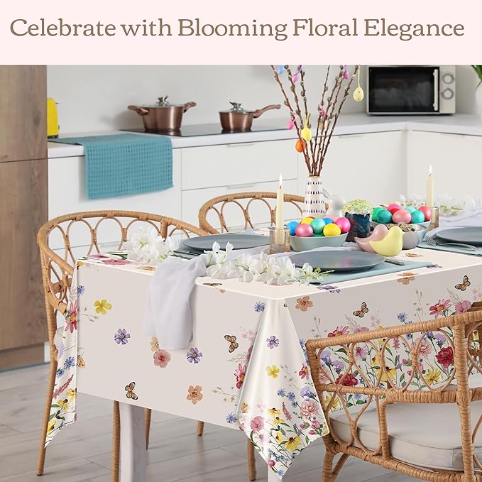 Kochorie Spring Floral Tablecloth Roll 54 Inch x 100 Feet Plastic Flower Tablecloth Roll Wildflower Butterfly Disposable Table Cover for Spring Tea Party Supplies Birthday Wedding Party Decorations