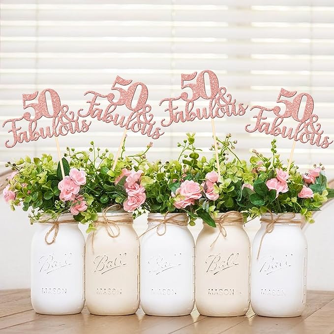 12 PCS 50 and Fabulous Centerpiece Sticks Double Sided Happy 50th Birthday Table Flower Centerpieces Sticks Cheers to 50 Floral Decorations for 50th Birthday Anniversary Party Supplies Rose Gold