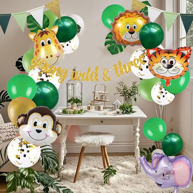 Jungle 3rd Birthday Decorations, Safari Birthday Party Wild Three Party Supplies Animals Head Foil Balloons Young Wild & Three Banner for Boy Girl 3 Year Old Decor (Jungle 3rd)