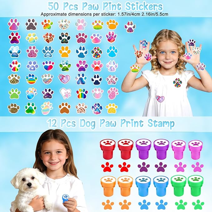 122 Pcs Paw Print Party Favors, Blue Puppy Theme Birthday Decorations for Girl with Orange Blue Dog Paw Goodie Bags Stuffers Stickers Mochi Squishy Toys Pen Mini Notebook, Easter Gifts for Kids