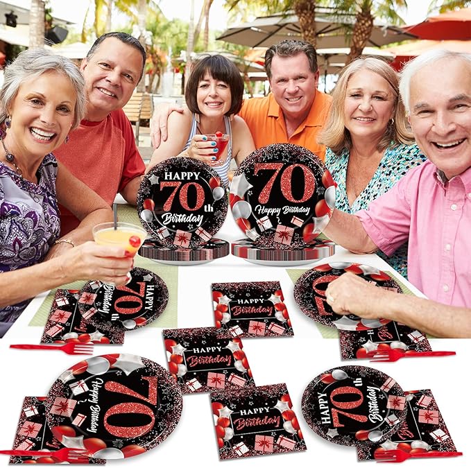 gisgfim 96 Pcs 70th Birthday Plates and Napkins Party Supplies 70 Years Old Party Tableware Set Red Black Dinner Dessert Plates 70th Birthday Decorations Favors for Man Women for 24 Guests