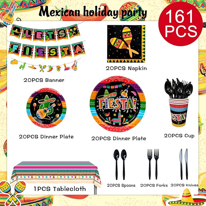 Mexican Themed Fiesta Party Supplies,161pcs Mexican Party Paper Tableware Set Includes Mexican Fiesta Plates Cups Napkins Tablecloth and Banner etc Fiesta Party Decorations Tableware, for 20 Guests