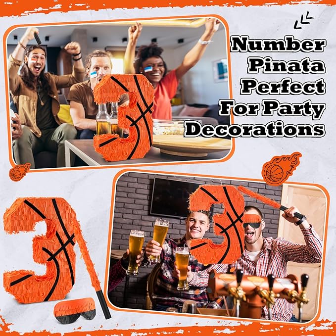 Soulchen Basketball Number 2 3 4 8 Pinata Basketball Party Decorations 16 Inch Piñata with Blindfold Stick and Confetti for Birthday Sports Theme Party Supplies Centerpiece(Number 3)