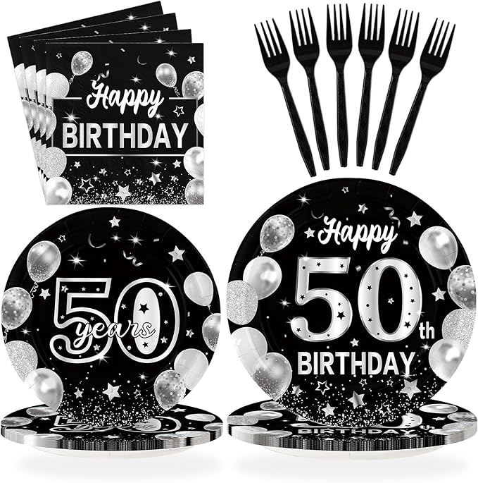 96Pcs Happy 50th Birthday Party Supplies Black and Silver 50th Plates and Napkins Tableware Sets Back in 1975 Birthday Party Decorations for Men Women Cheers to 50 Years Favors Decor Serves 24