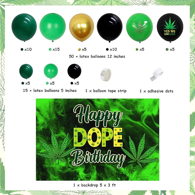 Sursurprise Weed Birthday Party Decorations for Adults, Marijuana Balloon Garland Arch Kit with Happy Dope Birthday Backdrop for Men or Women 420 Pot Leaf Bday Party Supplies