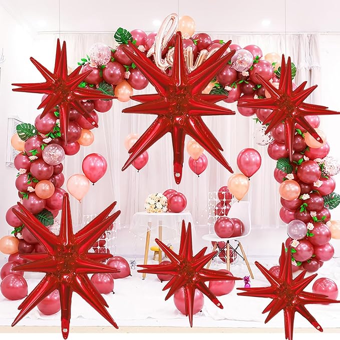 6 Pcs Red Star Foil Balloons One-Piece 14-Pointed Star Balloon 4D Starburst Cone Mylar Balloons 22inch Christmas Birthday Wedding Wedding Anniversary Party Supplies (22&27 Inches Red)
