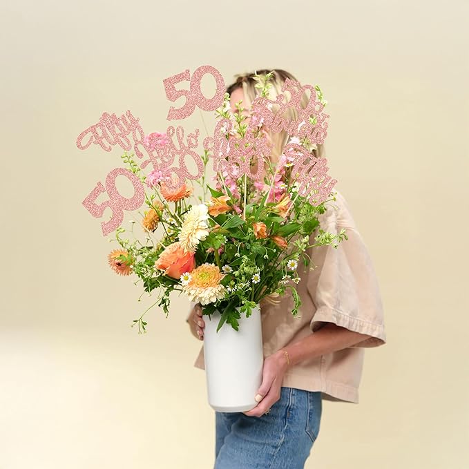 Gyufise 15Pcs 50th Birthday Centerpiece Sticks Fifty Happy 50th Table Flower Centerpieces Sticks Cheers to 50 Floral Decorations for 50th Birthday Party Centerpieces Supplies Rose Gold